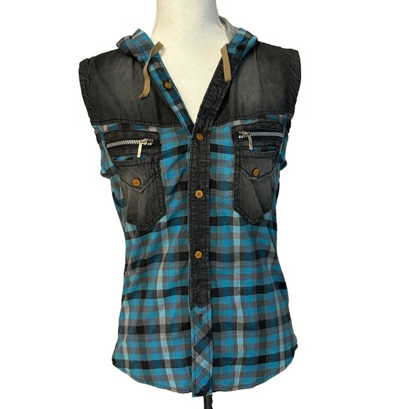 Bluette moto/grunge style sleeveless button up shirt w/hoodie size M, pre-loved - Picture 9 of 12